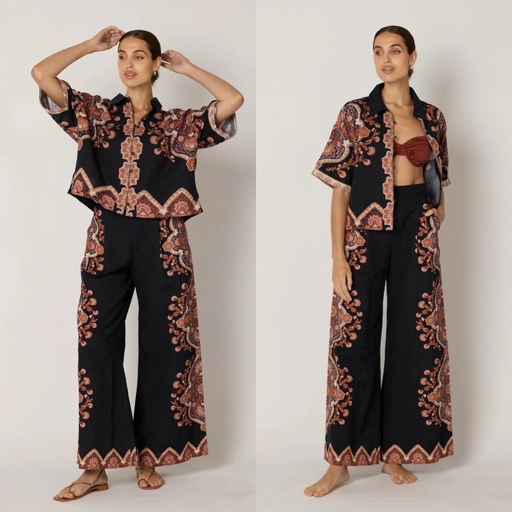 Cleobella Black/Tan Short Sleeve Top & Wide Leg Pants Coordinating Set XS/Small